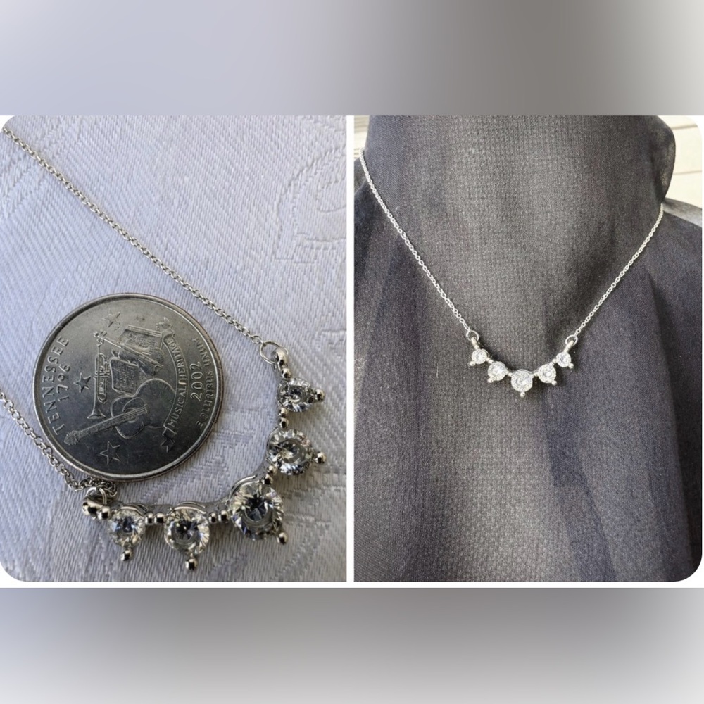 Dainty CZ Rows Pendant Silvertone Short 19" Chain Statement Necklace NEW